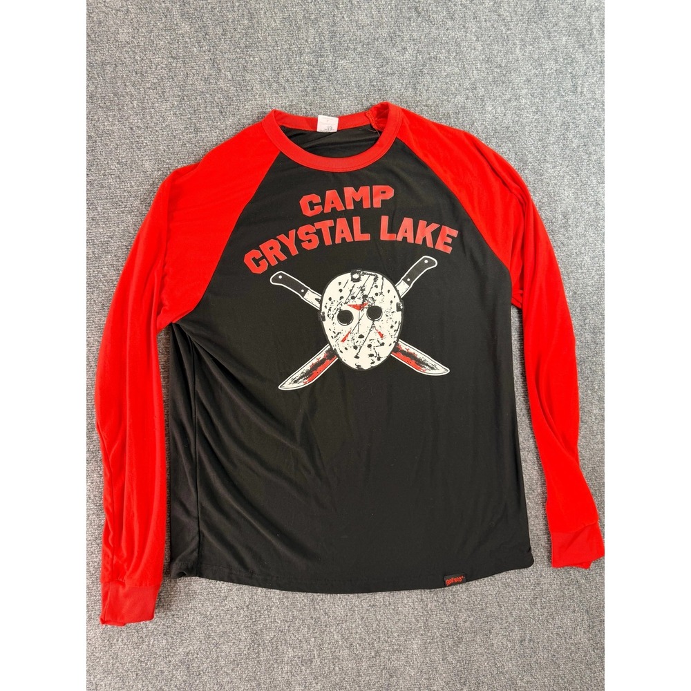 Friday The 13th Raglan Tee Camp Crystal Lake Jason Mask Mens L Black Red‎